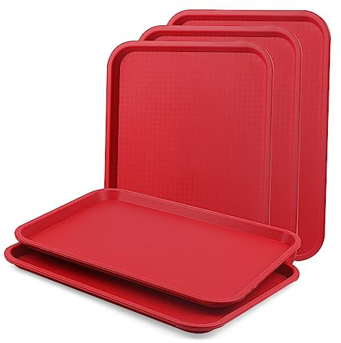 LEXININ 5 Pack 41 x 30cm Red Plastic Food Serving Trays, 16 x 12 Inch Rectangle Restaurant Plastic Fast Food Trays for Dinner, Food