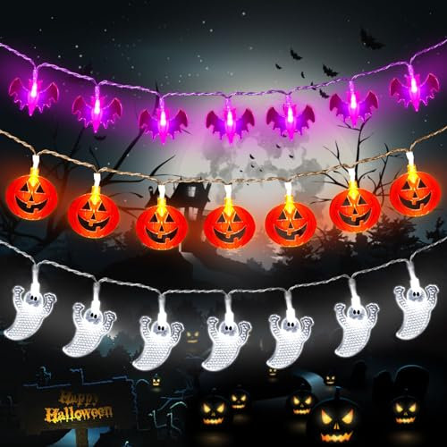 Halloween Lichterkette, 3 Stück 3.5M 20 LED Halloween Deko Lichterkette, 2 Modi Lichterkette Außen Halloween Deko Kürbis, Geister, Fledermaus Anhänger für Halloween Outdoor Indoor Deko Party Garten