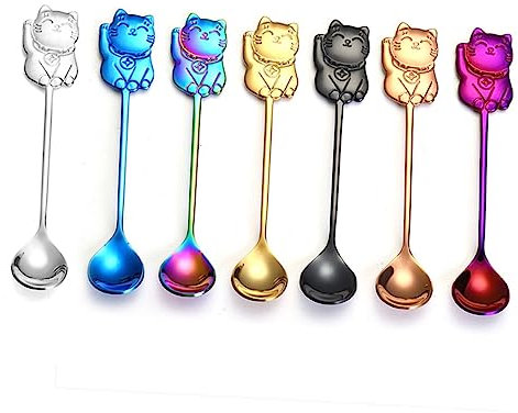 UPKOCH CuillèRe à Café En Acier Inoxydable 304 - CuillèRe à Dessert Chat - CuillèRe à MéLanger Pour Café, Yaourt, Glace, GâTeau - 14 Cm - Multicolore