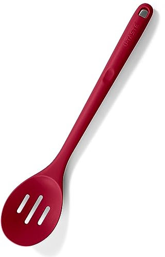 U-Taste 33.9 cm Extra Long Silicone Slotted Spoon, 315℃ Heat Resistant Food Grade Kitchen Cooking Spoon, Nonstick Seamless Rubber Serving Spoon for Mixing Stirring Basting Scooping Draining (Red)
