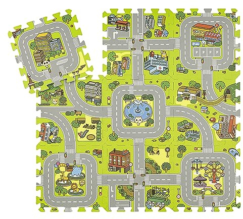 Baroni Toys 9-teiliger Puzzleteppich für Kinder Eva mit Stadtstraßen-Grafik, ineinandergreifender Schaumstoffteppich für Kinderspielzeug, Kinderteppich aus sicherem und ungiftigem Material, 32x32 cm