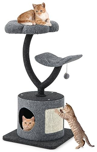 PETSITE 35 Cat Tree for Indoor Cats, 3-Tier Cat Tower with Sisal Covered Scratching Board, Flower-Shaped Perch, Curved Perch, Private Condo, Jingling Ball, Flower Cat Tree for Small/Large Cats