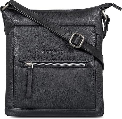 ROYALZ 'Florence' Moderne flache Lederhandtasche Damen Echtleder klein Umhängetasche flach elegante Vintage Handtasche Schultertasche, Farbe:Schwarz