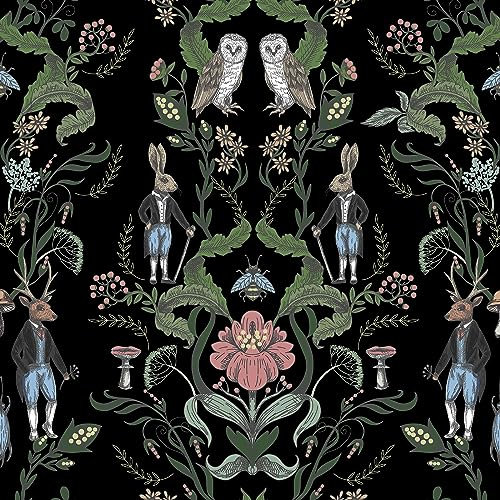 SOEWIOU Peel and Stick Wallpaper,300 * 44.5cm Floral Vintage Wallpaper Decorative Self-Adhesive Rabbit Deer Owl Contact Paper for Living Room Bedroom Washroom Cabinet Wall