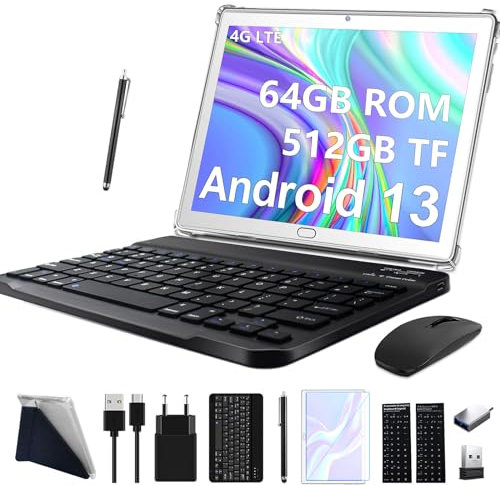2025 Nueva Tablet 10 Pulgadas,Android 4G LTE +WiFi Tablets con 2 SIM 1 SD,2 en 1 Tableta PC con teclado y ratón-64GB ROM 512GB TF Octa-Core, Batería 6000mAh,13MP+5MP,1080 FHD IPS,Bluetooth-plateado