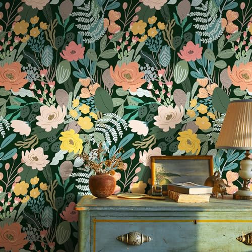 HueBurst 17.3 x 118 Dark Green Floral Peel and Stick Wallpaper Boho Floral Contact Paper for Bathroom Living Room Bedroom Colorful Wildflower Wallpaper Vintage Self Adhesive Wall Paper