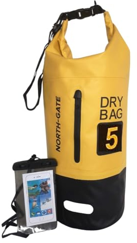 NORTH-GATE Waterproof Dry Bag 5L 10L 20L 30L | Lightweight Large Capacity Sack with Phone Pouch | Organizer Storage Bags Long Adjustable Strap Canoe/Fishing/Rafting/Swimming/Snowboarding (5L, Yellow)