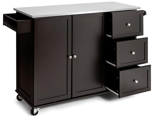 KOMFOTTEU Isla de Cocina con Encimera de Acero Inoxidable, Carrito de Servicio con 3 Cajones, Toallero y Estantes Ajustables, Armario de Cocina con 5 Ruedas, 135 x 45,5 x 91,5 cm (Marrón)