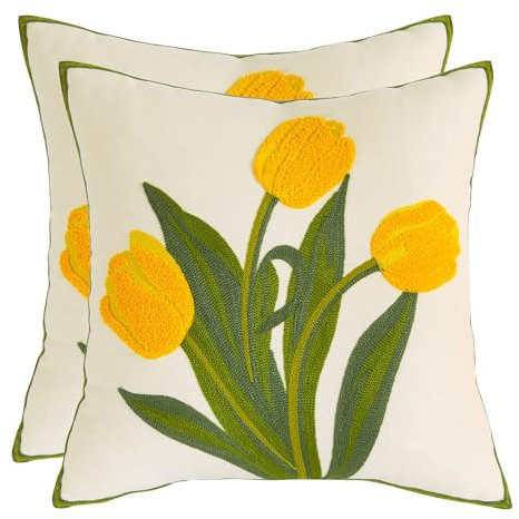 Tosleo 2 Stück kissenbezüge Bestickte Dekorative Kissenhülle Gelbe Tulpe 45x45cm Blume Kissenbezug Wurfkissenbezüge für Gartenlounge Sofa Dekokissen Wohnzimmer Schlafzimmer Bauernhaus
