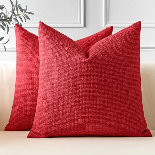 JOTOM 2er Set Leinen Kissenbezüge, Dekorative Weich Einfarbig Wurf Kissenbezug Moderne Kissenhüllen Sofakissen Dekokissen Zierkissenbezug für Wohnzimmer Schlafzimmer Deko (60x60cm, Rot)