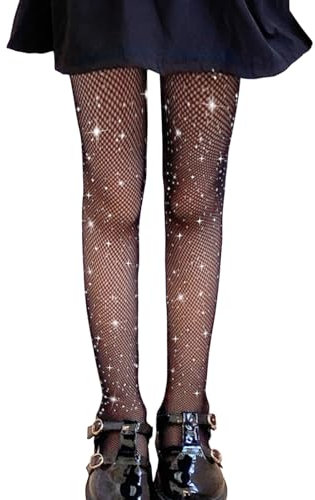 LOLANTA Paquete de 2 medias de red para niñas, pantimedias con diamantes de imitación brillantes para competición de baile para niñas, Negro brillante, 4-8 años, L