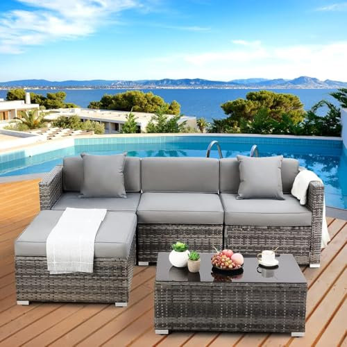LIFERUN Rattan Gartenmöbel-Set,Lounge Gartenmöbel Set,Gartenlounge Set,Terrassenmöbel,Rattanmöbel Sofa Set,Poly Rattan Sitzgruppe Couch 5 Teilig mit Kissen und Glastisch,für Garten,Terrasse (Grau)