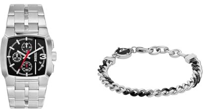 Diesel Herrenuhr Cliffhanger und Armband Steel, Silber Edelstahl, Set