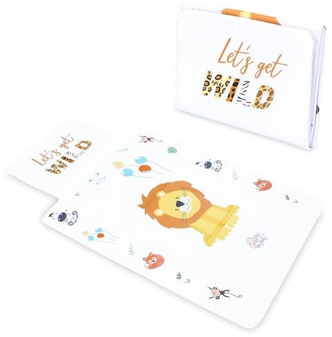 Wickelunterlage Wickelauflage auf Reise 77x44 cm Abwaschbare Wickelauflagen für Babys Kleine faltbare und wasserfeste Auflage zum Wickeln ideal für Wickeltasche Weiß Safari