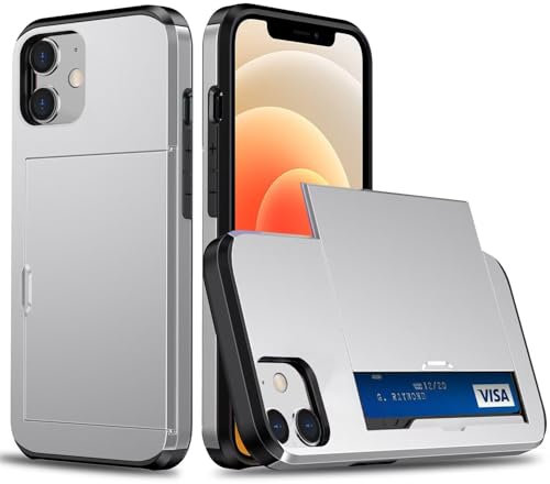 Beajew Coque Portefeuille pour iPhone 12 Mini/iPhone 13 Mini avec Porte-Cartes, Étui de Protection Téléphone Double Couche Antichoc, Fente Cachée Coulissante, TPU+PC Housse Portefeuille - Argent