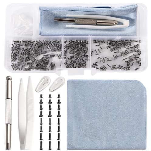 YIXISI 200 PCS Eyeglass Sunglass Glasses Repair Tool Kit, Spectacles Repair Screws Set, Eyeglass Repair Kit, with Screwdrivers, Silicone Nose Pads, Tweezer, Glasses Cloth, Black