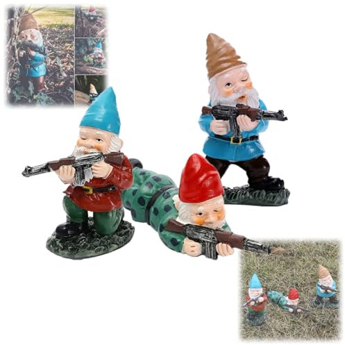 Garden Guard Statue Military Gnome with Gun, Funny Garden Gnomes Set Home Decor Patio Lawn Garden Ornament,Gun Lovers & Army Men Gifts,Indoor Outdoor, Patio, Yard, Lawn Ornaments (Three postures)