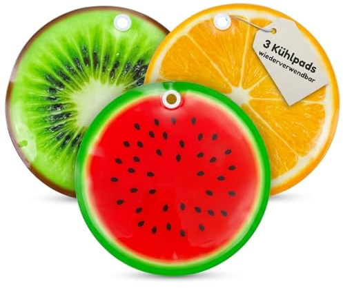 MIJOMA 3-teiliges Set Kühlpad Kühlakku Kühkissen mit Früchte-Print, Ø 16 cm - Perfekt für Sommer, Barbecue, Picknick & Gastgeschenke - Lebensmittelechter Kunststoff