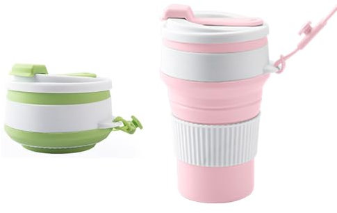 mzoLife 2 Pack Collapsible Silicone Cup with Lid, Foldable Travel Mug, Reusable Portable Coffee Cup, Personalised Mugs for Picnic, Camping, Hiking, Travel, Office (Green+Pink)