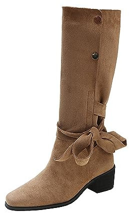 AIchenYW Botas altas de punto para mujer, botas de invierno para mujer, con cordones, para e invierno, con puntera cuadrada, botas sobre la rodilla para mujer, tacón de bloque, caqui, 35 EU