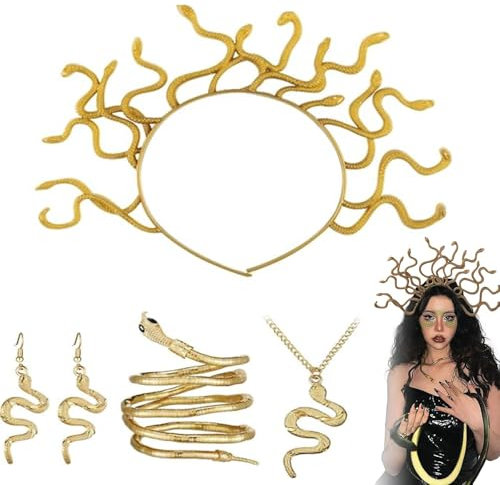 YFCJYBF Medusa-Kostümzubehör, Schlangen-Stirnband, Schlangen-Halskette, Schlangen-Ohrringe, Schlangen-Ring, geeignet für Party-Kostüme, Karneval, Halloween, Cosplay-Zubehör-Set