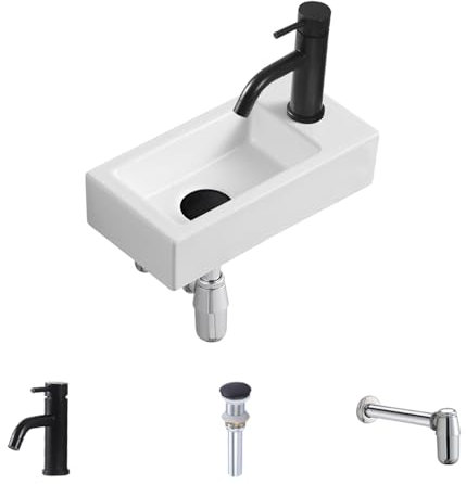 MAISINK Kleines Waschbecken, Wandaufhängung, Waschbecken, weiß, rechteckig, Keramik, Wandmontage, mit Ablaufkombination (rechte Hand)