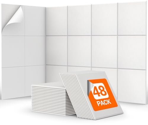 48 Panneaux Acoustiques Carrés, TONOR Auto-Adhésif Haute Densité pour l'annulation de l'écho, Rembourrage Absorbant le son en Studio, Bureau, Maison en Fibres de Polyester, 30 * 30 * 0,9cm, Blanc
