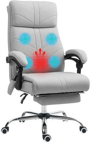 Vinsetto Office Chair with 4-point Vibration Massage and Heat, PU Leather High Back Recliner Desk Chair with Adjustable Height, Armrest, Footrest, Swivel Computer Chair for Home, Light Grey