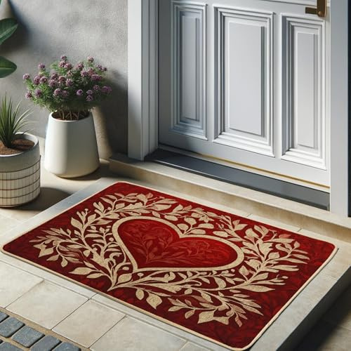 Heart Floral Doormat, Heart-Shaped Door Mat for Outdoor & Indoor Use, Holiday Decor, Non-Slip Waterproof Dust Absorbent Front Mat, Easy Clean 29x17 Inch