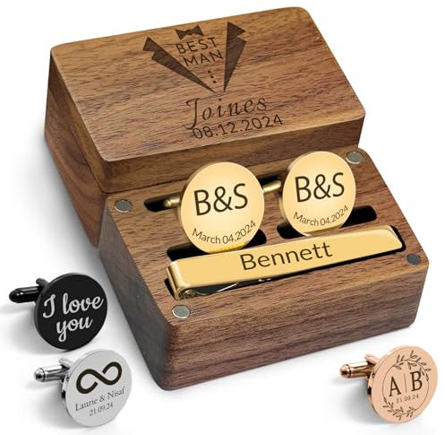 Individuelle Manschettenknöpfe und Krawattenklammer für Herren, personalisierte Manschettenknöpfe, Initiale graviert, individuelle Trauzeugen, Stahl-Manschettenknöpfe, 0.79in, Metall, Kein Edelstein