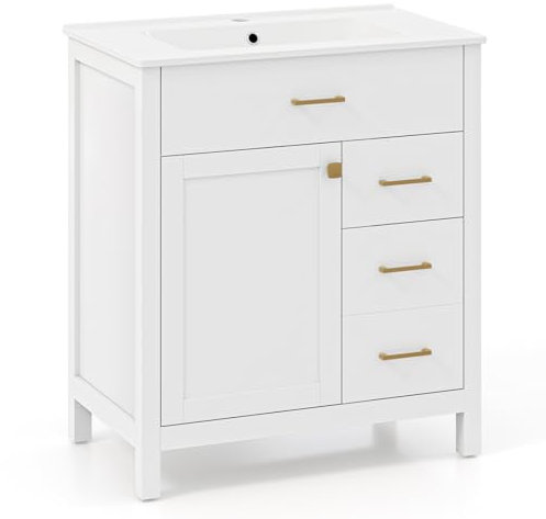 GIANTEX Meuble de salle de bain avec lavabo en céramique, armoire sous lavabo avec 2 tiroirs et 1 compartiment avec porte, 76 x 46,5 x 86 cm, meuble lavabo pour salle de bain, buanderie, blanc