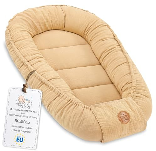 Musselin Babynest Nestchen Baby 90x50 cm - Babynestchen Neugeborene Nest für Kinder Bett und Babybett tragbar Kuschelnest Coccon für Jungen und Mädchen Baumwolle Beige