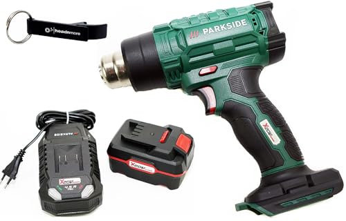 HEADNMORE® Set – 1 pistola ad aria calda PARKSIDE® da 20 V PHLGA 20 + 1 portachiavi HEADNMORE® (1 batteria da 4 Ah)