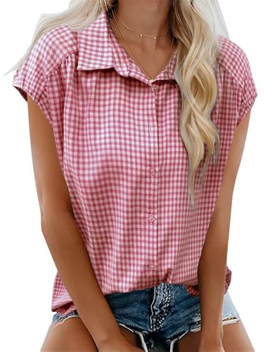 EFFAN Womens Blouse Casual Cotton Shirts Cap Sleeve Blouses V Neck Summer Buttom Down Shirts Ladies Loose Fit Work Blouse Tops UK, Red and White Plaid, M
