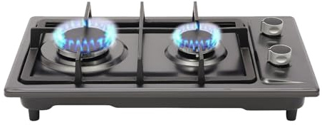 2 Flammig Edelstahl Gaskochfeld mit Druckreduzierventil und 1.5m Gasschlauch, NG/LPG, Einbau oder Freistehend Autark Gaskochfeld 51x31x10cm