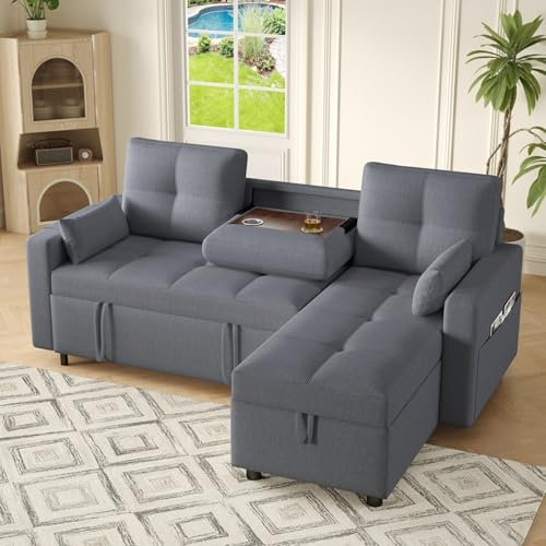 Sofá convertible en forma de L, sofá cama de 2 plazas convertible gris, sofá de 3 plazas con función de dormir, equipado con espacio de almacenamiento