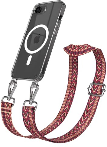 EAZY CASE Handykette - Verstellbares Taschenband kompatibel mit iPhone 16e, Schulterriemen, Handykordel mit Silikon Hülle, Qi Charging kompatibel, Umhängetasche, Rot Braun Silber