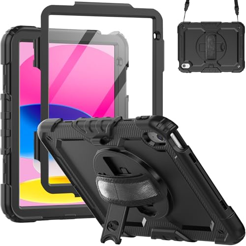 Hülle für iPad (A16) 11./10. Generation (2025/2022), 360° Drehbarer Ständer und Handschlaufe, Schultergurt, Stifthalter (Schwarz)