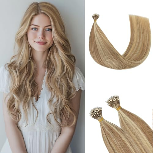 Rich Choices Extensions Echthaar Nano Bondings 35cm #12/613 Balayage Blond Nano Ring Extensions Echthaar Invisible Haarverlängerung Nanoring Haare Strähnen Remy Human Hair, 50 Strähnen/Packung