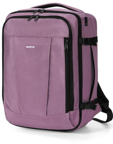 ECOHUB Ryanair Cabin Bags 40x30x20, Underseat Travel Bag with 9 Pockets, Recycled PET Eco Friendly Hand Luggage Backpack, Lightweight Rucksack for Women & Men, Carry on Bag with USB Port, 20L, Pink