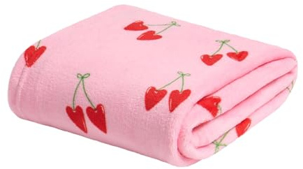 OHS Cherry Throws for Sofas Pink Blanket, Super Soft Warm Cosy Fleece Blanket Decorative Throws Over Bed Settee Comfy Single Bed Throw, Pink/Red - 125 x 150cm