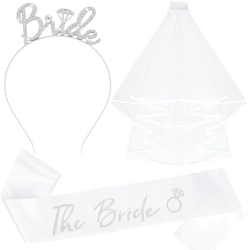 Junggesellenabschied Frauen Set, Braut Schärpe, Brautschleier und Haarreif, Schärpe Set Braut, Accessoires für Brautparty, Bachelorette Party, Verlobungsfeier, Hochzeit Fotorequisiten (Weiß-B)