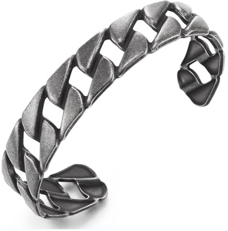COOLSTEELANDBEYOND Herren Massives Edelstahl Panzerketten Armreif Armband, Robuster Antik Silber Armreif, Industrieller Biker Schmuck Statement Geschenk für Ihn