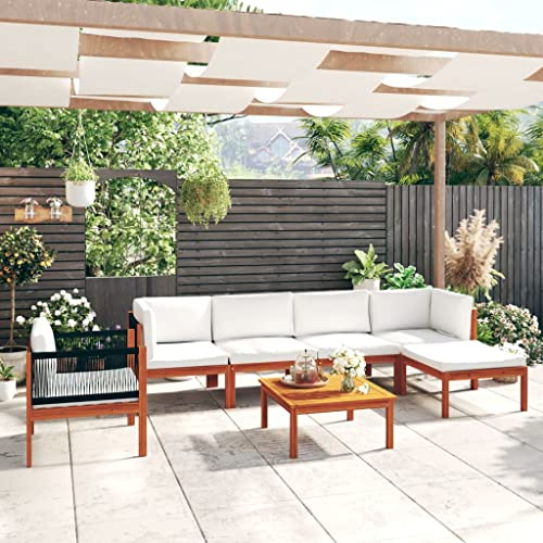 YNGBHFNOP Salon de Jardin 7 pièces en Acacia Massif avec Coussins épais, canapés d'angle et dossiers en Corde tressée pour terrasse Jardin, Ensemble de mobilier d'extérieur Confortable et Durable