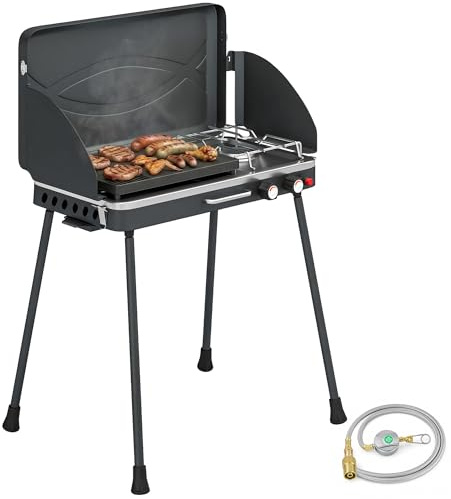 Outsunny Barbecue a Gas & Fornello da Campeggio 2 in 1 con 2 Bruciatori da 7KW, Griglia a Gas GPL Portatile da Tavolo con Piastra, Gambe Rimovibili, Paravento, Manico, per BBQ Giardino Picnic, Nero