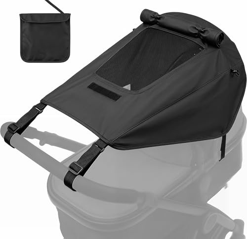 Sonnensegel Kinderwagen UV Schutz 50+, Sonnenschutz Kinderwagen Wasserdicht Doppellagiger Stoff, Universal Sonnenschutz Buggy mit Sichtfenster & extra breiten Schattenflügeln (Schwarz)