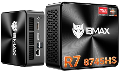 BMAX Mini PC Ryzen 7 8745HS(8C/16T, Max 4,9 GHz),16GB DDR5, 512GB NVMe SSD | Radeon 780M | 8K/60Hz | Triplo Display DP+HDMI+Type-C | WiFi 6,BT | 2.5G LAN | Mini Desktop Computer per Gaming, Ufficio
