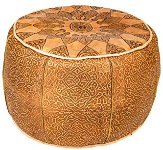 Orientalischer runder Pouf aus Leder ø 50cm Rund 30cm Hoch inklusive Füllung | Marokkanisches Sitzkissen Sitzpouf Kissen Balsam Braun | Marokkanischer Hocker Sitzhocker Fusshocker