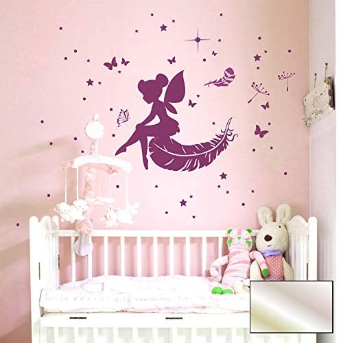 Wandtattoo Wandaufkleber Wandsticker Wandbild Aufkleber Sticker Fee Elfe Feder Sterne Pusteblume M1916 ausgewählte Farbe: *silber* ausgewählte Größe: *S*