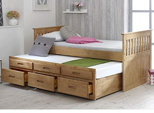 Happy Beds Captains Wooden Waxed Pine Guest Bed Drawers Furniture with 2x Deluxe Reflex Spring Mattresses 3' Single 90 x 190 cm